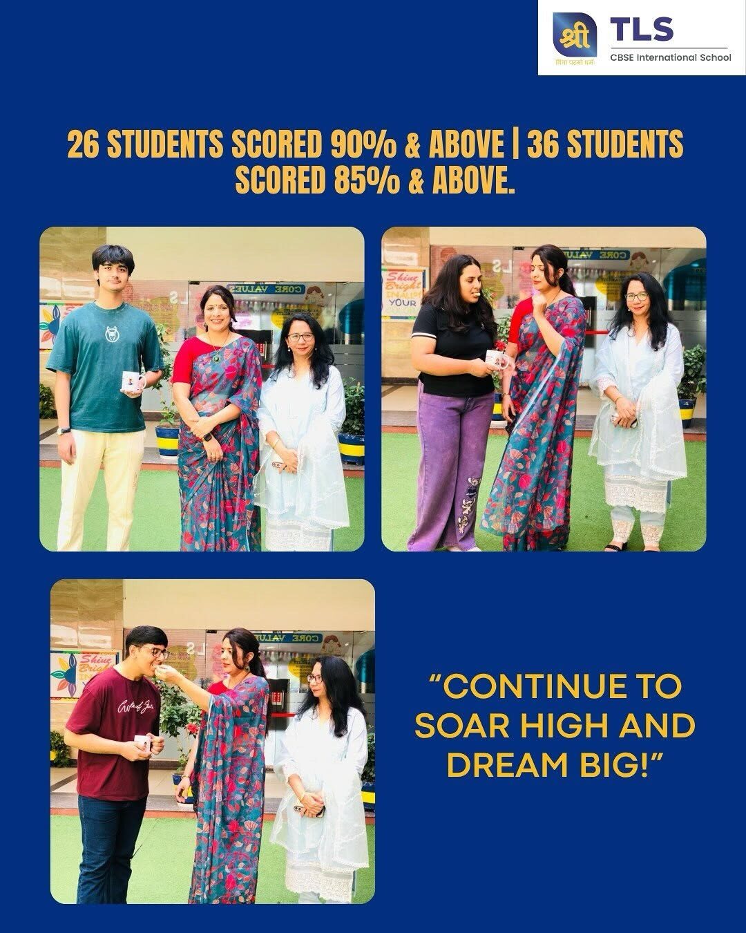 TLS Rohtak Class X students being felicitated by the Principal and Vice-Principal for their CBSE board results