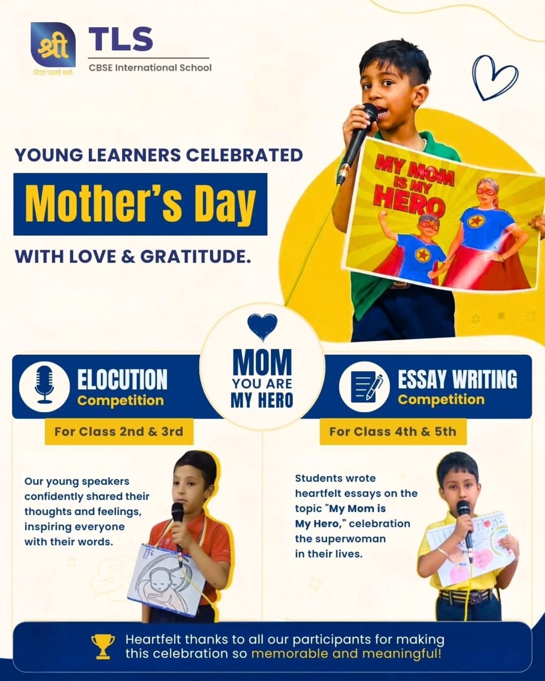 A TLS Rohtak student holding a ‘My Mom Is My Hero’ poster during the Mother's Day celebration