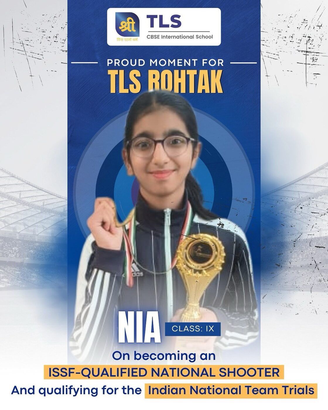 Nia of TLS Rohtak with her medal after becoming an ISSF-qualified national shooter