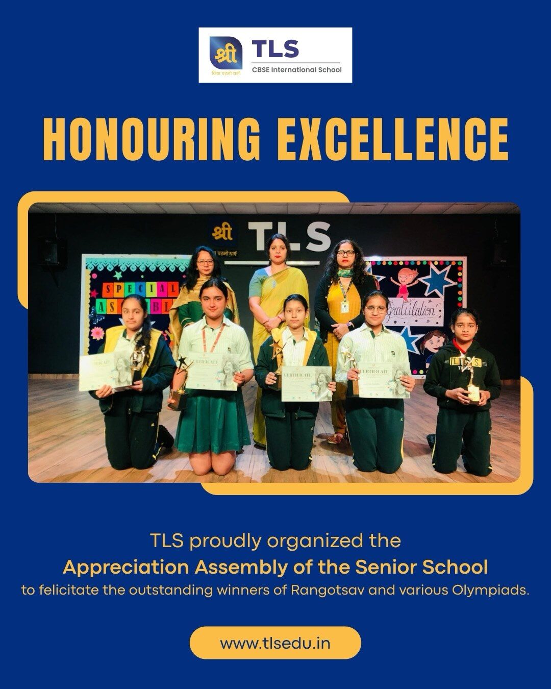 TLS Rohtak senior students being felicitated at the Appreciation Assembly for Rangotsav and Olympiad achievements