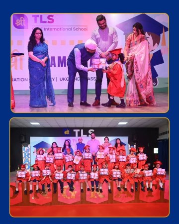 Young graduates in orange gowns receiving certificates at Shri Parampara, TLS International School