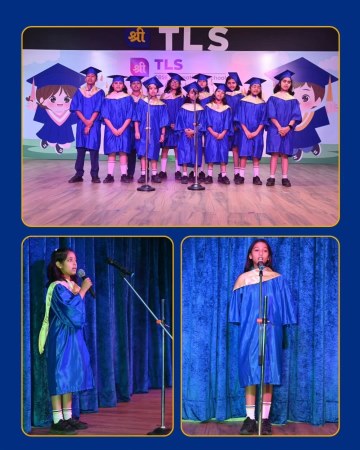 Form 1 and Form 6 graduates in blue gowns with elocution performances at Shri Parampara